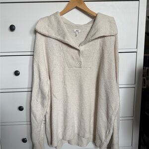 Aerie Cozy Up Waffle Knit Button Up Cream Sweater with Collar - Women